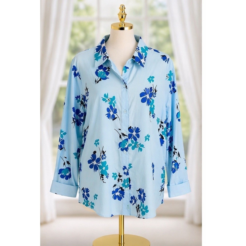 Denim & Co Printed Poplin Shirt Side Slits Button Up Stretch Blue A648920 Size L